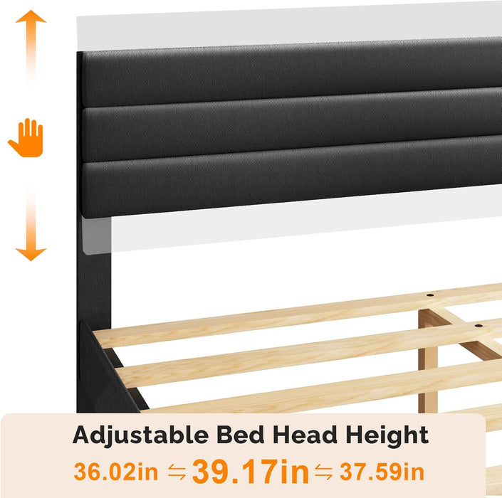 Full Upholstered Bed Frame, Adjustable Headboard, PU Leather Black