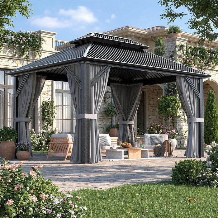10'X12' Outdoor Gazebo Hardtop Grill Gazebo Aluminum Galvanized Steel Double Roof Outdoor Pergola Include Curtain and Netting for Backyard, Patio, Lawn