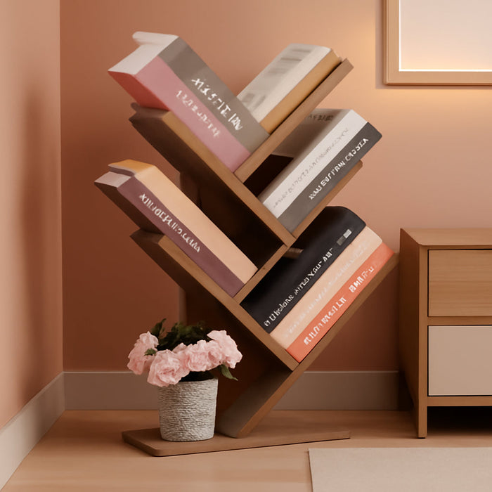 4 Tier Tree Bookshelf, 4 Shelf Bookcase, Modern Book Storage, Free Standing Tree Bookcase, Utility Organizer Shelves for Home Office, Living Room, Bedroom, Greige