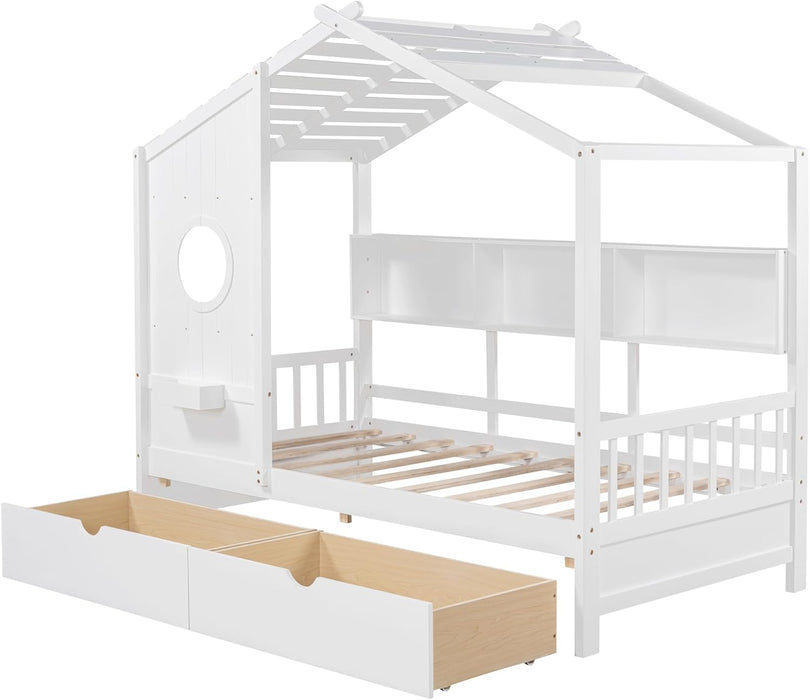 White Twin HouseShaped Bed Frame With StorageSpace