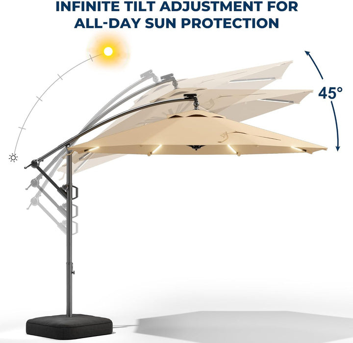 10 Ft Offset Patio Umbrella with Solar Lights, LED Lighted Umbrella Outdoor Patio with Base Included, Heavy Duty Hanging Cantilever Umbrellas for Pool Deck with UV Protection&Easy Tilt, Beige