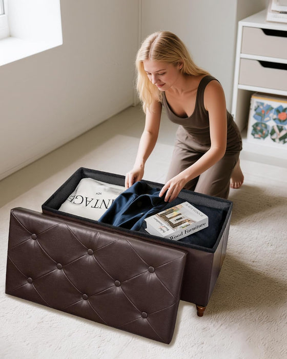 30 Inches Storage Ottoman Bench with Wooden Legs, Faux Leather Folding Ottoman Foot Rest, Storage Bench for Living Room, Hallway & Bedroom, Upgrade Large Capacity (Engineered Wood, Brown)