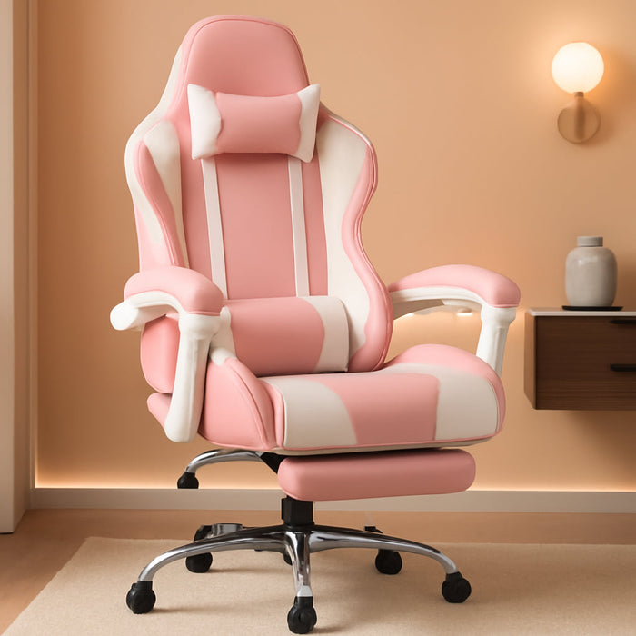Gaming Chair, Computer Chair with Footrest and Lumbar Support, Height Adjustable Game Chair with 360°-Swivel Seat and Headrest and for Office or Gaming (Faux Leather, Pink)