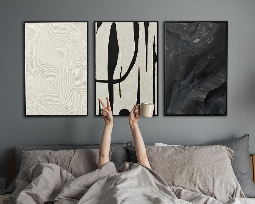 Abstract Wall Art for Living Room, Black and White Large Framed Canvas 3D Textured Modern Minimalist Art Work Painting for Bedroom Guest Room Hallway Home Office 24"X36" Set of 3