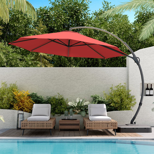 11FT Deluxe Patio Umbrella with Base, Outdoor Large Hanging Cantilever Curvy Umbrella with 360° Rotation, Red