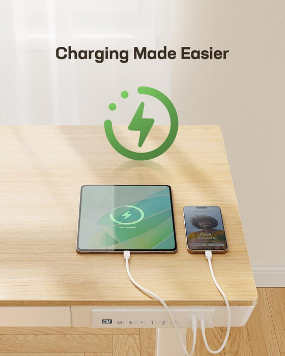 Electric Solid Standing Desk, 48 X 24 Inch Standing Desk with Drawer, Height Adjustable Desk with Tabletop & USB Charging Ports, Sit Stand Desk with Storage for Home & Office Natural