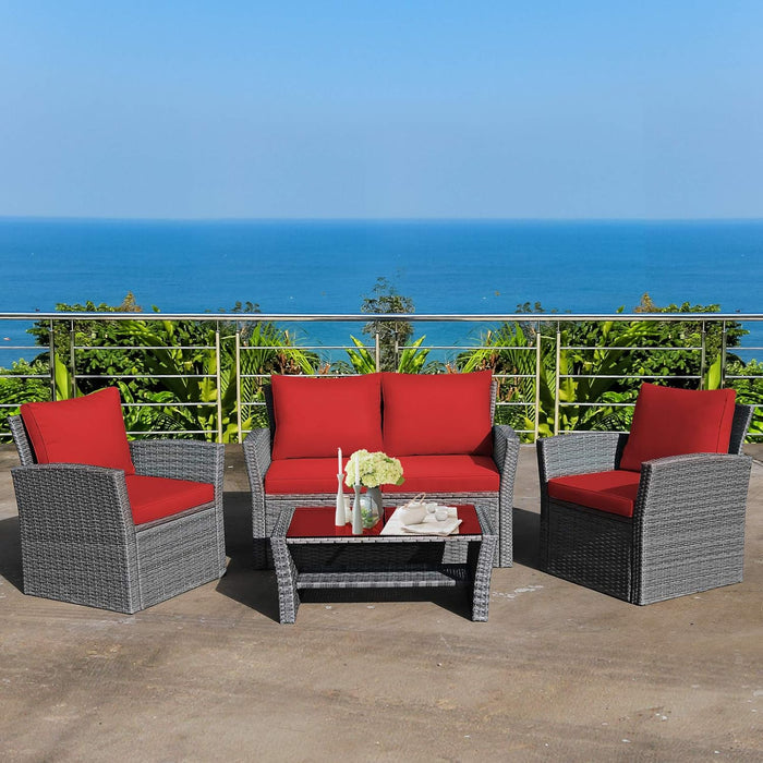 4 Pieces Patio Furniture Set, All Weather Outdoor Sectional Rattan Sofa Set with Cushions & Tempered Glass Table, Wicker Conversation Couch Set for Backyard Garden Poolside