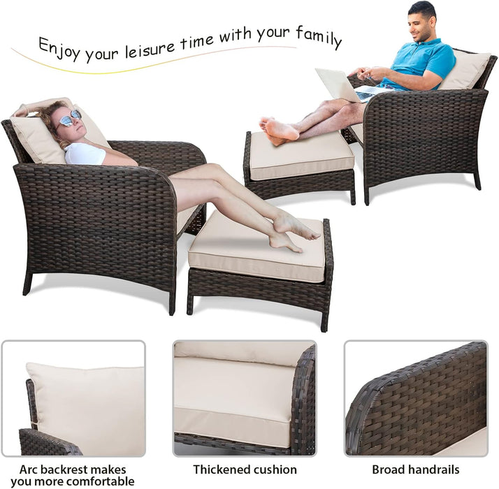 Balcony Furniture 5 Piece Patio Conversation Set, PE Wicker Rattan Outdoor Lounge Chairs with Soft Cushions 2 Ottoman&Glass Table for Porch, Lawn-Brown Wicker