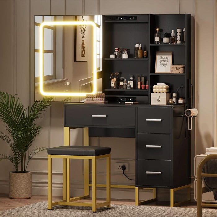 Black Makeup Vanity Desk with Lighted Mirror, 3 Color Modes & Power Outlets, 4 Drawers and 5 Shelves Dressing Table with Cushioned Stool, Modern Vanity Set for Women, Bedroom & Bathroom