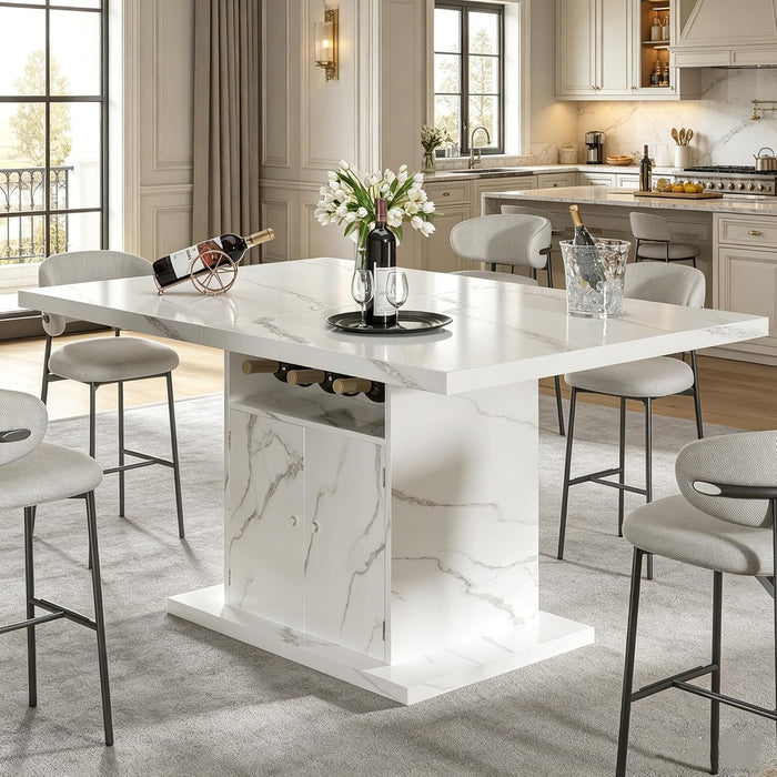 Extendable Dining Table for 4-6, 47-63 Inch Faux Marble Rectangle Kitchen Table with Storage Shelves and Wine Rack, Expandable Modern Rectangular Dinner Table for Kitchen, Dining Room, White