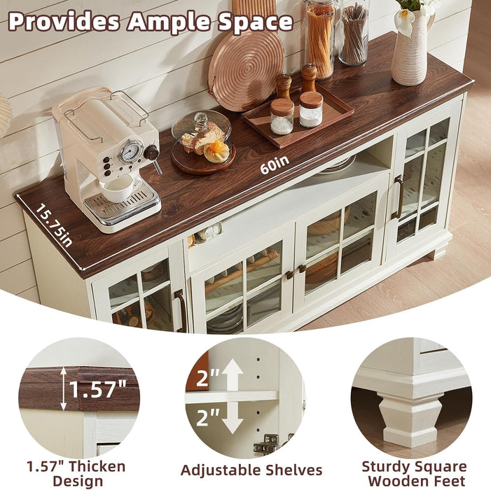 60-Inch Sideboard Buffet Cabinet with Glass Doors,White