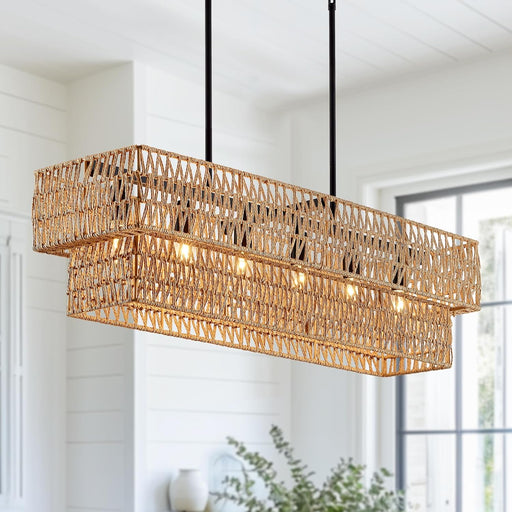 Six Light Boho Rattan Rectangular Pendant Chandelier