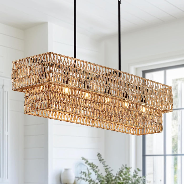 Six Light Boho Rattan Rectangular Pendant Chandelier