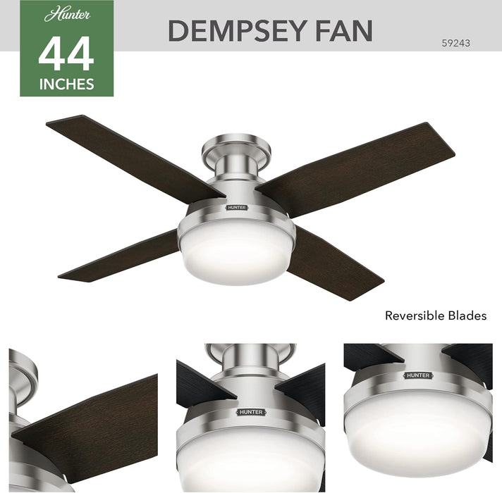 Fan Dempsey Low Profile Ceiling Fans with Lights and Remote, Flush Mount Ceiling Fan with Lights, Metal, Brushed Nickel Finish, 44 Inch LED