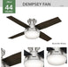 Fan Dempsey Low Profile Ceiling Fans with Lights and Remote, Flush Mount Ceiling Fan with Lights, Metal, Brushed Nickel Finish, 44 Inch LED