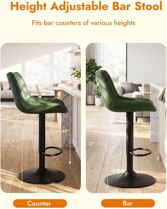 Swivel Bar Stools Set of 2, Height Adjustable Counter Height Bar Stools with Open Back and Footrest, Premium Faux PU Leather, Modern Upholstered Bar Chairs for Kitchen Island/Bar/Counter, Green