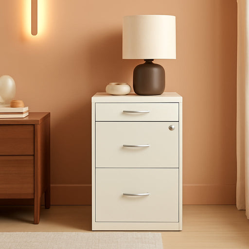 3-Drawer Metal Filing Cabinet, 27.32" H X 14.25" W X 18.00" D, Pearl White Finish, Locking Storage with Letter-Size File Drawers, Non-Porous Painted Steel for Home or Office