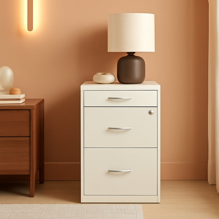 3-Drawer Metal Filing Cabinet, 27.32" H X 14.25" W X 18.00" D, Pearl White Finish, Locking Storage with Letter-Size File Drawers, Non-Porous Painted Steel for Home or Office