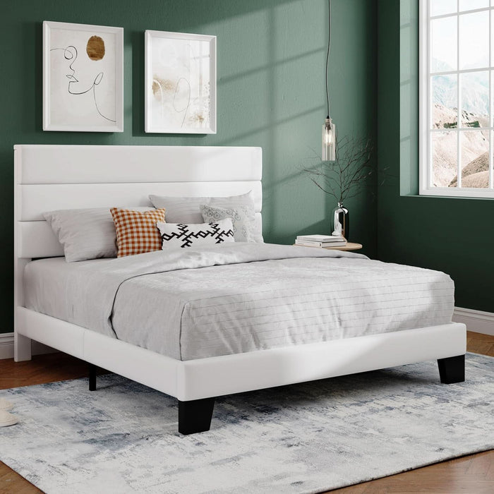 Full Platform Bed Frame with Velvet Upholstered Headboard, Mattress Foundation with Strong Wooden Slats Support, No Box Spring Needed, White