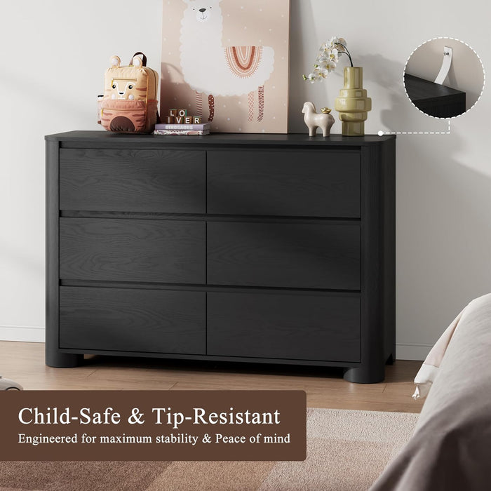 Black Dresser for Bedroom with 6 Drawers, 47" W Modern Chest of Drawers with Unique Thickened Foot, Rounded Corner Design, Wooden Dresser Organizer for Bedroom, Living Room, Hallway