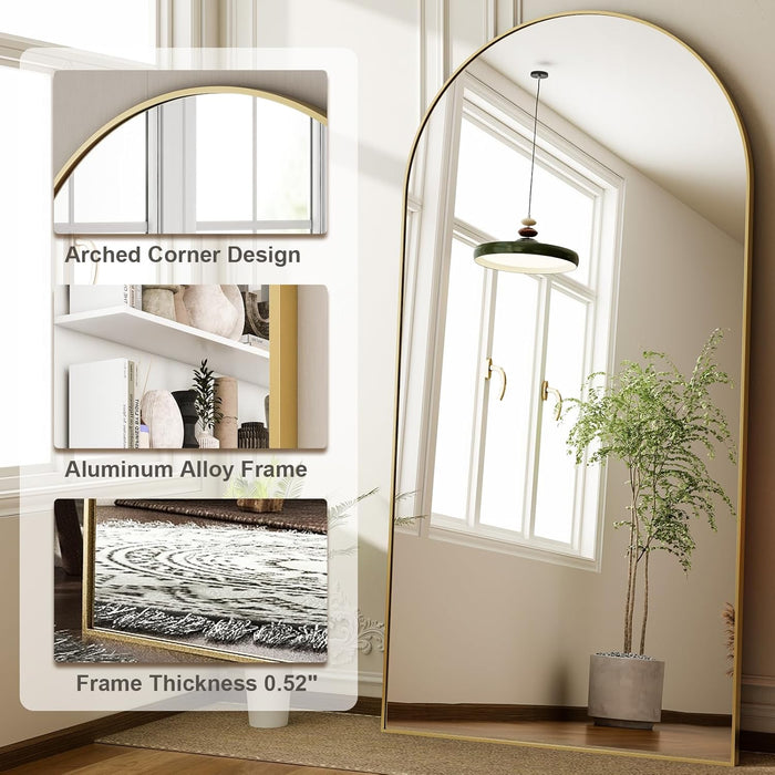 71"X30" Arched Full Length Mirror Free Standing Leaning Hanging Mounted Mirrors Aluminum Frame Modern Simple Home Decor for Living Room Bedroom Cloakroom, Gold