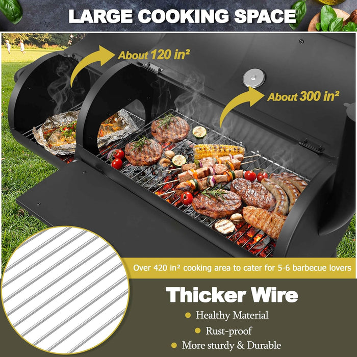 Charcoal Grill with Offset Smoker, Camping Barbecue Grill with Side Fire Box for Outdoor BBQ Smoking/Backyard Party Grilling, Thick Iron Steel & Dual Chamber Design, Thermometer & Chimney
