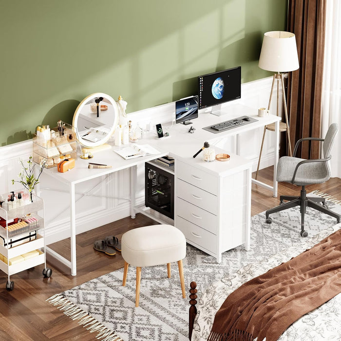 2 Person Desk & L Shaped Desk, 76.4'' Home Office Desk with 4 Drawers & Outlet, Corner Computer Desk with Metal Wire Shelf, Adjustable Drawer Orientation & Desk Shape for All Space, Brown