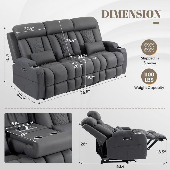 Zero Wall Hugger Power Reclining Sofa with Adjustable Headrest, Electric Reclining Couch with Drop-Down Table,Outlets, Power Loveseat Recliner Sofa for Living Room (Gray, 3 Seat)