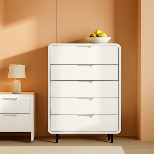 White Five Drawer Tall Wooden Contemporary Dresser