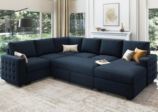 Sleeper Sectional Sofa with Pull Out Bed U Shaped Sectional Couch with Storage Chaise Velvet Sectional Sleeper Sofa Bed for Living Room, Dark Blue