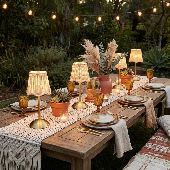 12 Inch Rattan Cordless Table Lamp, without Bow, Gold, 4 Pack
