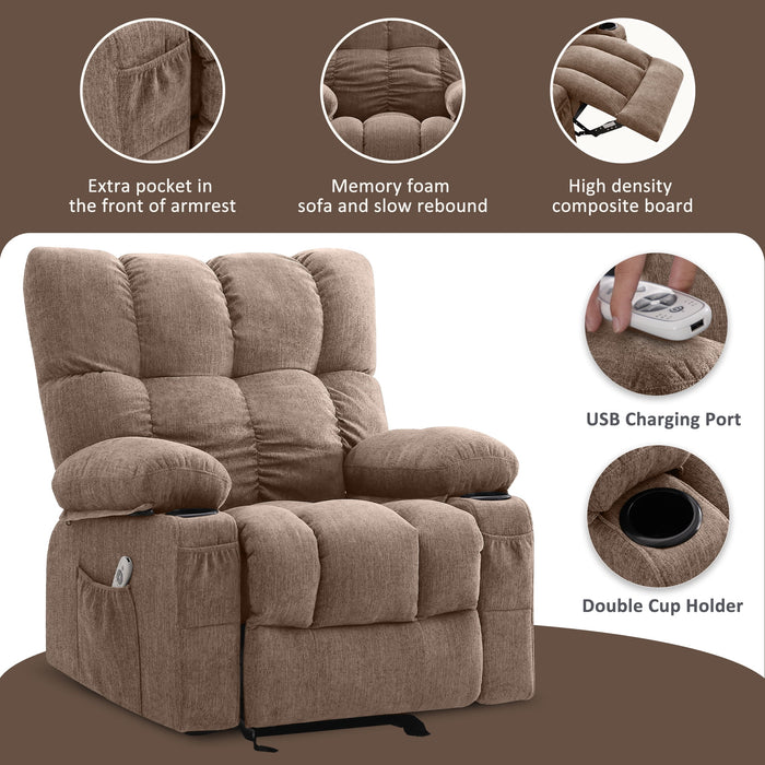 Manual Recliner Chair with Heat Therapy and Massage Function, Heavy Duty Reclining Mechanism Massage Chair, Elderly Single Rocker Sofa with Cup Holders for Bedroom Home Theater,Brown