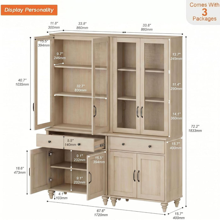 Set of 2 Light Oak Bookcase with Glass Doors & Drawers & Cabinets, 3 Tier Bookshelf, 72'' Tall Book Case Shelf, Large Wood Bookcases Farmhouse Bookshelves for Living Room Home Office Kitchen