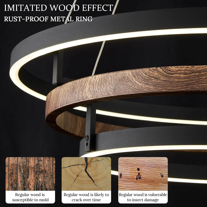 3 Ring LED Chandelier Modern Chandeliers Walnut Wood Black Dimmable 31''