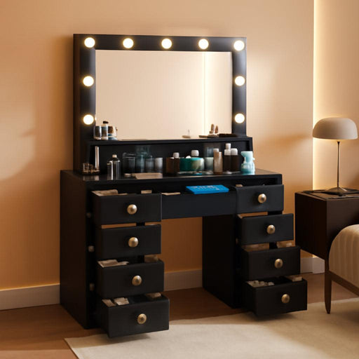 Vanity Desk with Large Mirror and Lights, Makeup Vanity with Power Outlet, 9 Drawers & Shelf Storage, Black Vanity with 3 Lighting Modes, Dressing Vanity Table for Women, Girls, Bedroom