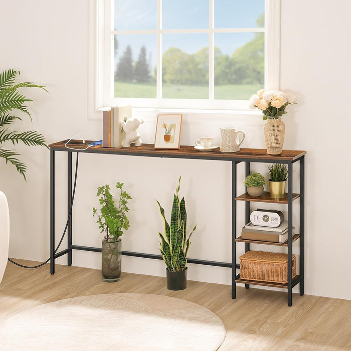 Console Table with Power Outlet, 63" behind Sofa Table with Shelves, Narrow Entryway Table with Storage, Couch Table for Living Room, Hallway, Rustic Brown and Black BF164UXG01