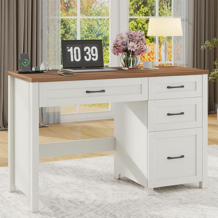 Farmhouse 47" Executive Desk, Computer Desk with File Drawer and Charging Station, Workstation for Home Office & Study.Off White