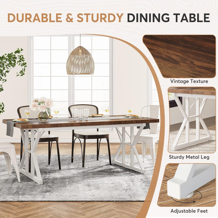 Farmhouse Dining Table for 6 People, 70.8-Inch Rectangular Wood Dining Table, Rustic Kitchen Table with Heavy Duty Metal Legs for Dining Room (Brown/White)