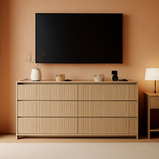 6 Drawers TV Stand with Mount for 26''-75'' Tvs, 53 Inch Entertainment Center W/Power Outlet, Curved Profile Design, Height Adjustable, Media Console with Drawer for Living Room, Natural Oak