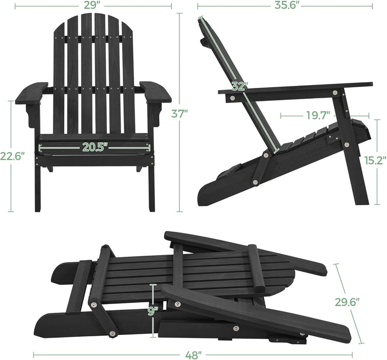 Folding Adirondack Chair Set of 2 Outdoor, 300LBS Solid Wood Garden Chair Weather Resistant, Fire Pit Lounge Chairs for Garden/Yard/Patio/Lawn, Black