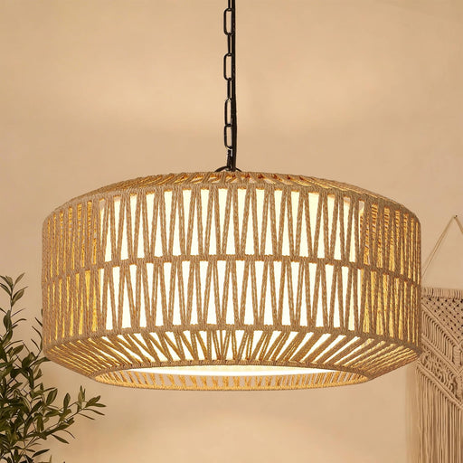 Five Light Rattan Farmhouse Chandelier Linen Shade