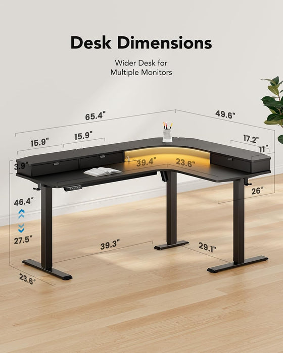65″ L-Shaped Standing Desk with Power Outlets & LED Strip, Electric Height Adjustable Corner Computer Desk, Sit Stand up Desk with 3 Drawers, Black