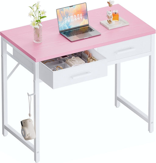 32 Inch Small Computer Desk with 2 Drawers for Bedroom Study Writing Home Office Table for Small Spaces Pink - ShipItFurniture