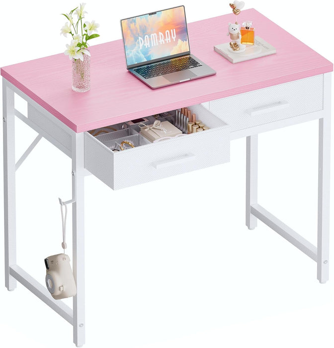 32 Inch Small Computer Desk with 2 Drawers for Bedroom Study Writing Home Office Table for Small Spaces Pink - ShipItFurniture