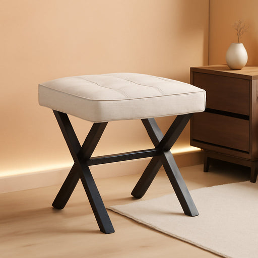 Ottoman Foot Stool Vanity Stool, Square Linen X-Leg Foot Rest Ottoman Makeup Stool, Small Stool Chair for Vanity, Modern Padded Vanity Seat for Makeup Room, Living Room, Bathroom, Linen Color