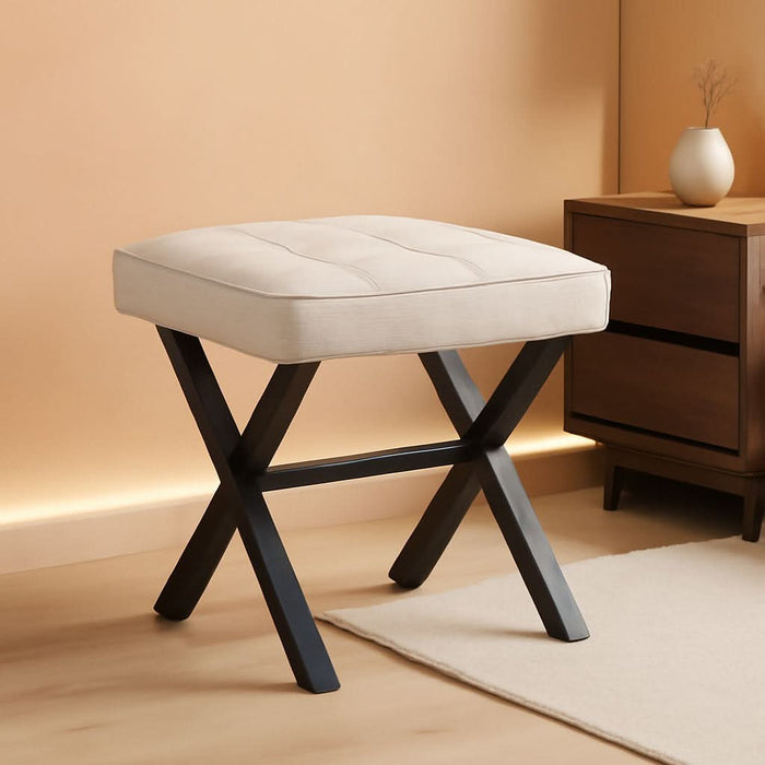 Ottoman Foot Stool Vanity Stool, Square Linen X-Leg Foot Rest Ottoman Makeup Stool, Small Stool Chair for Vanity, Modern Padded Vanity Seat for Makeup Room, Living Room, Bathroom, Linen Color
