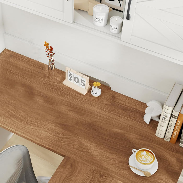 Farmhouse 68" H L Shaped Desk with Hutch,Office Table with 3 Drawers and Sliding Doors, Executive Desk with File Drawers,Workstation for Home Office & Study, Unique White.