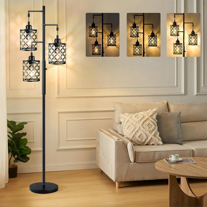 Dimmable Floor Lamp, Farmhouse Standing Lamp with Elegant Metal Cage, Industrial Tall Tree Floor Lamps for Living Room, Bedroom, Study Room, Office, 2000LM LED Bulbs Included - 68", Black