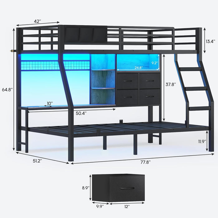 Bunk Bed Twin over Twin with 4 Storage Drawers & Shelves & Bedside Caddy, Twin Bunk Beds with Charging Station & LED Lights, Metal Loft Bed with Safety Guardrail & Angled Ladder, Black & Grey