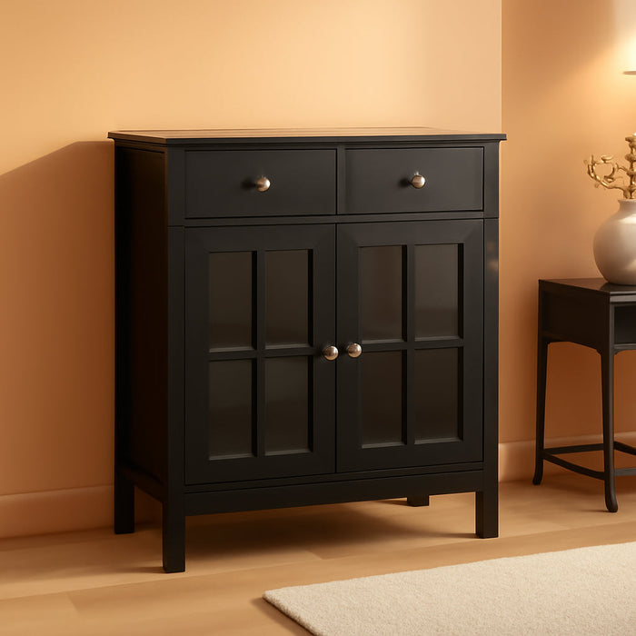 Sideboard Buffet Cabinet, Accent Kitchen Cabinet with Glass Doors, Adjustable Shelf and 2 Drawers for Kitchen, Black
